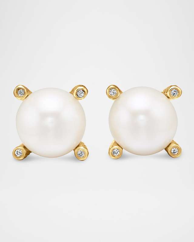 Pearl Stud Earrings with Diamonds in 18K Gold, 14mm